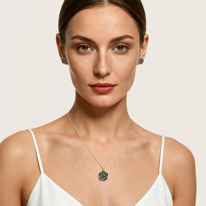 Enamel Rose Necklace and Earrings Jewelry Set for Women | 14K Gold Plated,Rose Represent: Love Gratitude Prid,Adjustable Chain Fit,Elegant Sets for Daily and Party Wear,Gift Box - color: Black