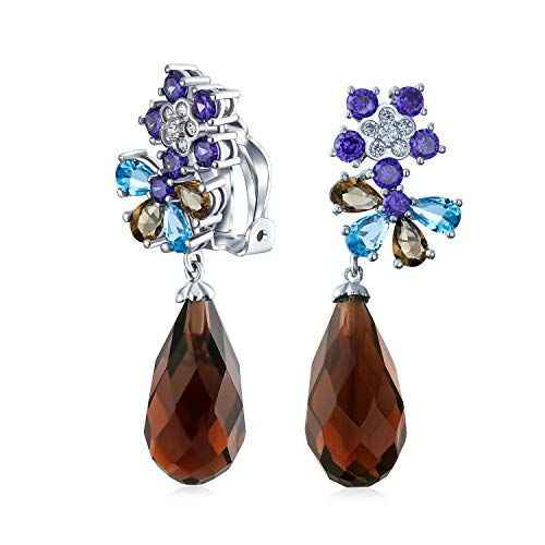 Bling Jewelry Vintage Style Simulated Gemstone Cubic Zirconia AAA CZ Statement Dangle Leaf Teardrop Formal Chandelier Clip On Earrings Wedding Prom Silver Plated - color: Brown