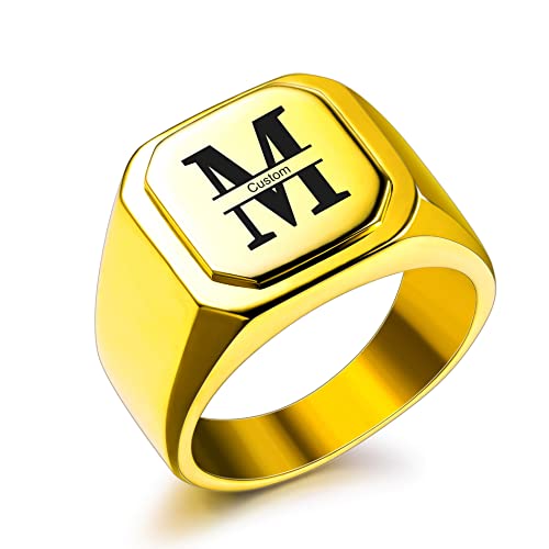 Initial Ring Letter Signet Ring for Men Women Personalized Name Engraved Stainless Steel Fashion Jewelry Wedding Couples Father Day Gift with Ring Size Adjusters - color: C2: Gold (Initial Name)