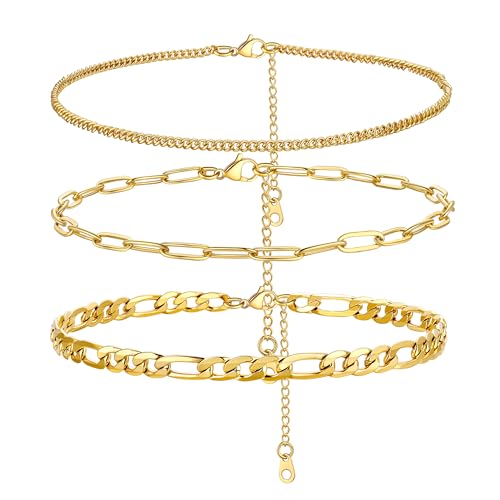 PROSTEEL Ankle Bracelets for Women, Silver/Gold/Black, Waterproof Anklets | Waterproof, Stainless Steel, Summer Beach Jewelry, Durable & No Tarnish, Come with Gift Box, 8-10.5" Adjustable, Plus Size - color: M: gold-3pcs