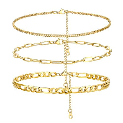 PROSTEEL Ankle Bracelets for Women, Silver/Gold/Black, Waterproof Anklets | Waterproof, Stainless Steel, Summer Beach Jewelry, Durable & No Tarnish, Come with Gift Box, 8-10.5" Adjustable, Plus Size - color: M: gold-3pcs