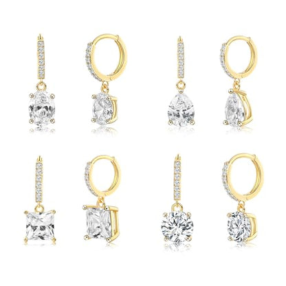 2-4 Pairs Dangle Drop Earrings for Women, 18K Gold Plated Cubic Zirconia Drop Dangle Huggie Hoop Earrings CZ Teardrop Hypoallergenic Jewelry - color: CZ Yellow Gold 2