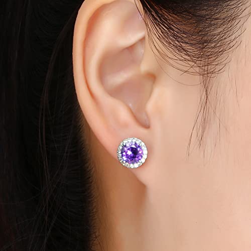 YOMELA Round Cubic Zirconia Stud Earrings for Women | Everyday Dainty, Diamond-Like Brilliance, CZ Halo Birthstone Studs, Hypoallergenic & Lightweight, Elegant & Versatile - color: Purple