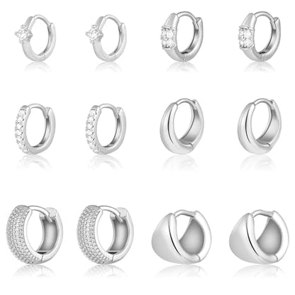 Wgoud Small Gold Hoop Earrings Set for Women, 6 Pairs 14K Gold Plated Hypoallergenic Lightweight Huggie Hoops Earrings, Trendy Cartilage Cubic Zirconia Earrings for Women Gifts. - color: F-Silver hoops