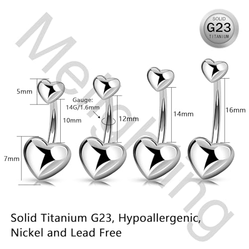 Melighting Titanium Belly Button Ring 14G Heart Belly Ring Internally Threaded G23 Titanium Navel Piercing Hoop Navel Barbell Body Piercing Jewelry 10/12/14/16 mm