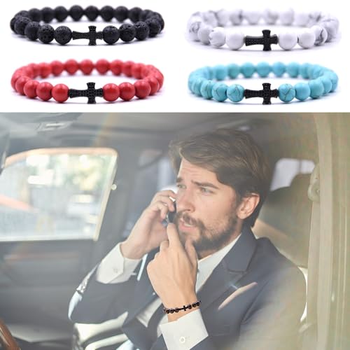 Beaded Bracelets Cross Bracelet for Women Men Lava Rock Turquoise Tiger Eye Natural Bracelet Anxiety Healing - color: 5Pcs-black zircon cross