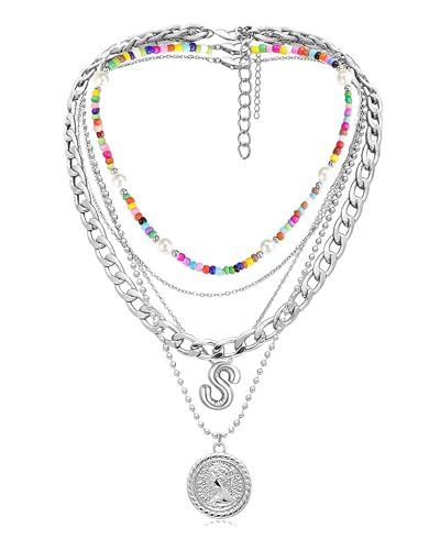 MJartoria Layered Necklaces for Women Trendy Balloon Initial Pendant Necklace Dainty Chunky Chain Beaded Choker Necklaces Jewelry Birthday Gifts - color: Silver, style: S