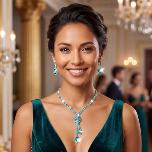 Unicra Silver Rhinestone Bridal Wedding Jewelry Set Crystal Necklace Earrings Sets Formal Prom Costume Jewelry Sets for Women and Brides - color: Green