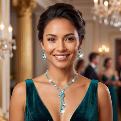 Unicra Silver Rhinestone Bridal Wedding Jewelry Set Crystal Necklace Earrings Sets Formal Prom Costume Jewelry Sets for Women and Brides - color: Green