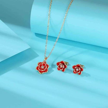 EVEVIC Dainty Flower Pendant Necklace Earrings for Women 14K Gold Plated Hypoallergenic Jewelry Sets - color: Red /Rose Gold-tone