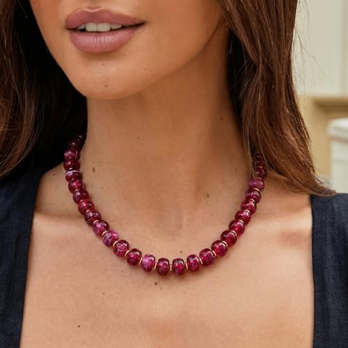Chunky Colorful Choker Necklace for Women - Summer Beach Round Resin Beads Necklace, Trendy Statement Summer Beach Jewelry Birthday Gifts for Vacation Holiday - color: 14mm Purple Beads