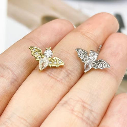 20G Bat L-Shaped Nose Rings for Women Girls Stainless Steel Cubic Zirconia Bat Nose Studs Sparkling Nose Piercing Jewelry - color: Silver