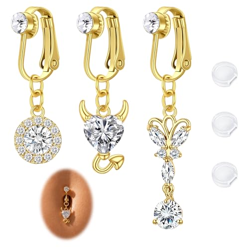Zolure Gold/Silver Fake Belly Ring 3PCS Clip on Belly Button Rings Surgical Steel Non Piercing Navel Ring Devil Butterfly Clear CZ Dangle Fake Belly Piercing Jewelry with Pain Reducing Silicone Pad - color: gold