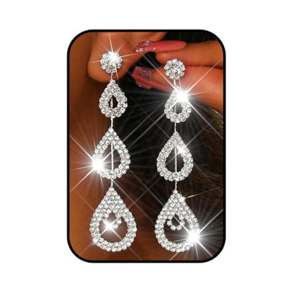 Catery Long Rhinestone Earrings Silver Pageant Earrings Dangling for Women Wedding - color: Silver