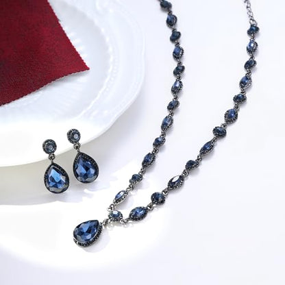 EleQueen Women's Teardrop Necklace Earrings Jewellery Set for Party Prom | Wedding Bridal Costume Jewelry Set for Brides Bridesmaids, Crystal Teardrop Necklace Dangle Earrings - color: Sapphire Color Black-Tone