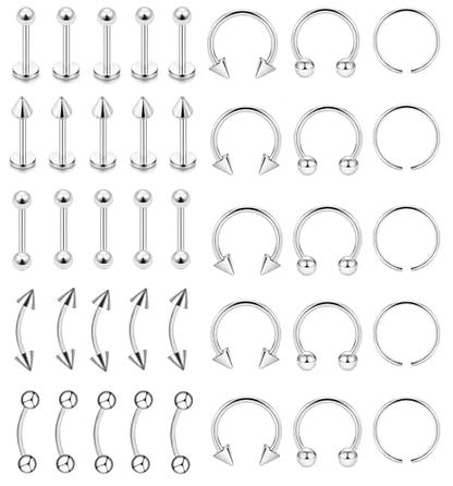 40Pcs 16G Lip Rings Stainless Steel Horseshoe Labret Monroe Lip Barbell Eyebrow Nose Ring Medusa Piercing Jewelry for Women Men - color: silver