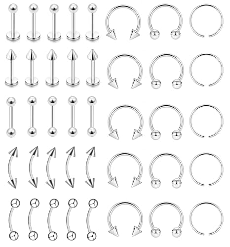40Pcs 16G Lip Rings Stainless Steel Horseshoe Labret Monroe Lip Barbell Eyebrow Nose Ring Medusa Piercing Jewelry for Women Men - color: silver