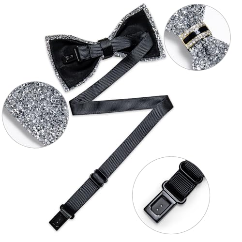 DiBanGu Mens Rhinestone Bow Tie with Ring and Lapel Pin Set | Adjustable Strap,Pre-tied Style,3PCS,Sequin Diamond Bowties，Solid/Mix Color,Shiny Accessory,for Party Prom Banquet Wedding - color: Silver