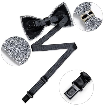 DiBanGu Mens Rhinestone Bow Tie with Ring and Lapel Pin Set | Adjustable Strap,Pre-tied Style,3PCS,Sequin Diamond Bowties，Solid/Mix Color,Shiny Accessory,for Party Prom Banquet Wedding - color: Silver