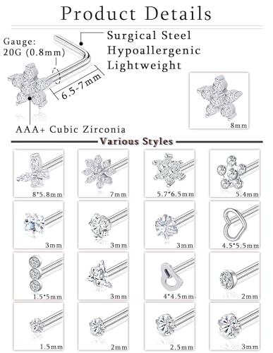 17Pcs Nose Rings Studs 20G Surgical Stainless Steel L Corkscrew Bone Shaped Nose Studs Butterfly Flower Heart Star Square Round CZ Nostril Piercing Jewelry for Women Silver Plated - style: A:L Shaped