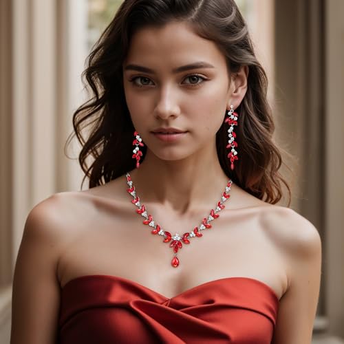 EVER FAITH Marquise Crystal Leaf Bridal Prom Jewelry Set for Women Bride | Rhinestone Wedding Party Necklace Dangle Earrings Tennis Bracelet, for Bridesmaid - color: Red