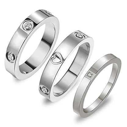 3PCS Love Friendship Ring Gold Ring Sets for Women Stainless Steel Wedding Statement Thumb Ring 18K Gold Silver Rose Plated Cubic Zirconia Rings Jewelry Gifts for Her - color: Silver