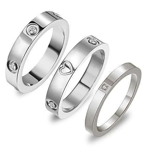 3PCS Love Friendship Ring Gold Ring Sets for Women Stainless Steel Wedding Statement Thumb Ring 18K Gold Silver Rose Plated Cubic Zirconia Rings Jewelry Gifts for Her - color: Silver