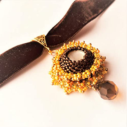 Brown Yellow Orange Beadwoven Sunburst Floral Pendant Velvet Choker Embroidered Flower Fall Autumn