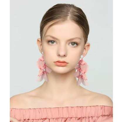 Handmade Bohemian Lightweight Fabric Flower Dangle Drop Earrings Chic Pearl Large Tassel Petal Stud Earrings For Women - color: Pink