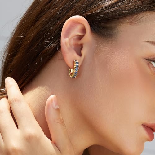 Green Crystal huggie gold hoop earrings for women Girls,14K Gold Plated with 925 Sterling Silver Post color Cubic Zirconia dainty cute Earrings| CZ Stud Earring - color: Blue stone