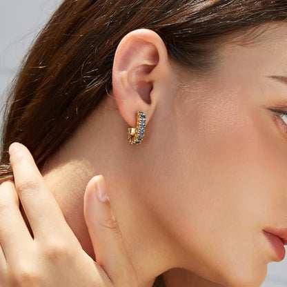 Green Crystal huggie gold hoop earrings for women Girls,14K Gold Plated with 925 Sterling Silver Post color Cubic Zirconia dainty cute Earrings| CZ Stud Earring - color: Blue stone