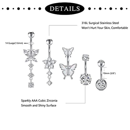 Incaton 14G Belly Button Rings, Stainless Steel Diamond Belly Rings For Women, Dangle Belly Button Rings With Butterfly, 6mm Short & 10mm Bar Navel Piercings - color: Silver 10mm