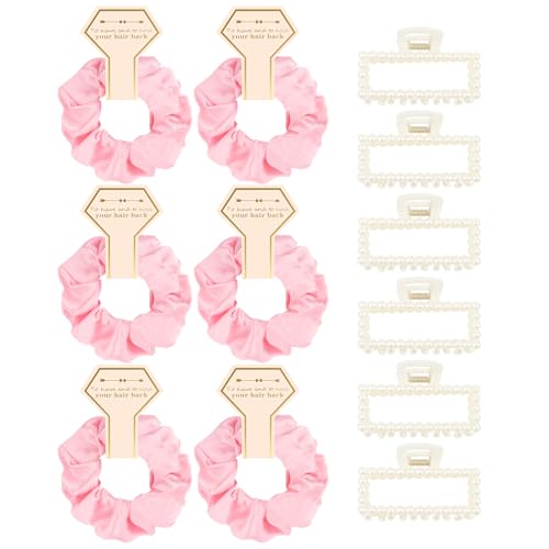 Bridesmaid Proposal Gifts, 12 PCS Bridesmaids Silk Hair Scrunchies & Pearl Hair Clips Set for Women Girls Bachelorette Party Favors Bridal Shower Favors Bridesmaids Gifts for Wedding Day (Pink) - color: Pink