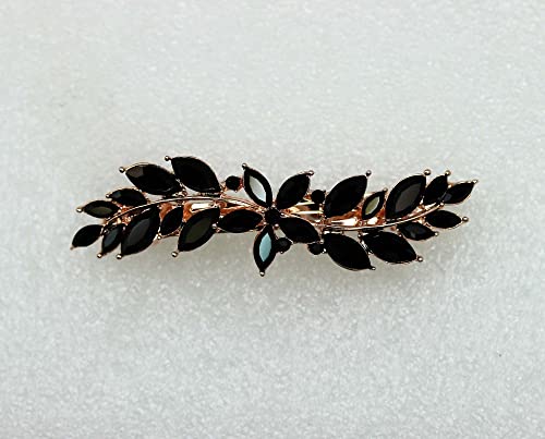 Faship Black Crystal Rose Gold Plated Small Floral Hair Barrette Clip - color: Black / Rose Gold