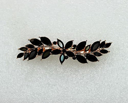 Faship Black Crystal Rose Gold Plated Small Floral Hair Barrette Clip - color: Black / Rose Gold