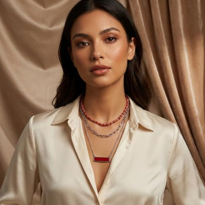 Layered Stone Necklace, Triple Strand Beaded Choker with Paperclip Chain, Boho Western Fashion Jewelry - color: Coral