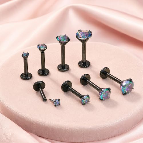 Hypoallergenic Nose Studs Flat Back Screw Ear Studs 18K Gold Plated 316 Stainless Steel, CZ Studs for Nose, Ear, Lip, Vertical Labret Piercing Jewelry, 2-5mm CZ 6-8mm Post with 1 Taper,4 Silicone Pads - color: Black, size: 5mm