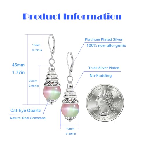 Natural 10mm Stone Beads Drop Earrings,Retro Silver Round Quartz Crystal Gemstone Beads Dangle Earrings for Women - color: A05_Colorful Cat-Eye Quartz