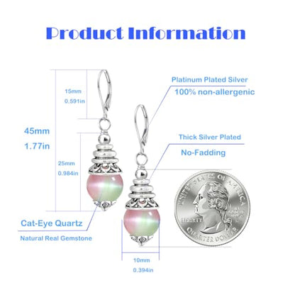 Natural 10mm Stone Beads Drop Earrings,Retro Silver Round Quartz Crystal Gemstone Beads Dangle Earrings for Women - color: A05_Colorful Cat-Eye Quartz