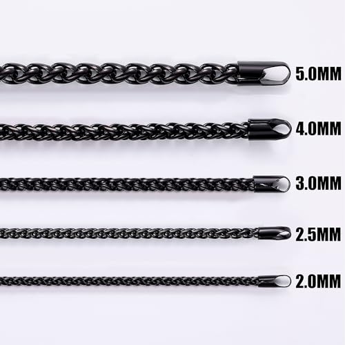 Fiusem Wheat Chains for Men and Women, Silver Tone/Black/14K Gold Plated | 2/2.5/3/4/5mm Stainless Steel Necklace Chain, Mens Necklace Jewelry Gift 16-28 Inch - size: 26 Inches, style: Black 2MM