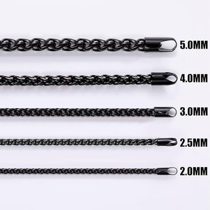Fiusem Wheat Chains for Men and Women, Silver Tone/Black/14K Gold Plated | 2/2.5/3/4/5mm Stainless Steel Necklace Chain, Mens Necklace Jewelry Gift 16-28 Inch - size: 24 Inches, style: Black 2MM
