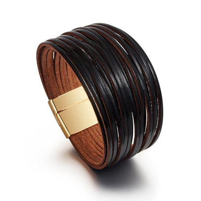 Edoneery Leather Wrap Bracelets for Women, Boho Layered Cuff Bangle | Multi-layer Leather Cuff, Daily wear, Stackable Bangle, Easy on-off, Western Jewelry Gifts for Women - color: Black-4