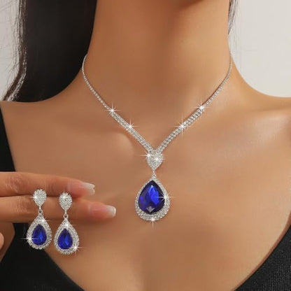 Fashion Red Black Colorful Bridal Teardrop Layered Crystal Necklace Earrings Set Sparkly Rhinestone Crystal Elegant Bridal Teardrop Shape Choker Earrings For Prom Costume Set Christmas Halloween Full Rhinestone Choker Necklace Earrings for Women - color: