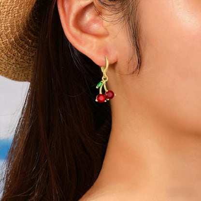 MALOYANVE Red Cherry Jewelry Set for Women 18K Gold Plated Sweet Fruit Dainty Cubic Zirconia Cherry Earring Necklace and Bracelet Summer Tropical Charm Accessories - color: Gold