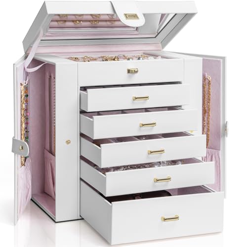 AKOZLIN 6-Tier Jewelry Box Organizer Functional 5 Drawers Leather Jewelry Storage Case for Women Girls Ring Necklace Earring Bracelet Holder Organizer with Mirror Extra Large White - color: White, size: Extra Large
