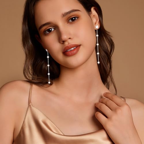Pearl Earrings for Women 14k Gold/Silver Pearl Drop Earrings Long White Pearl Tassel Dangle Statement Earrings Bridal Wedding Dainty Prom Earrings Birthday Gifts Jewelry - color: Silver Caged Pearl Drop Earrings