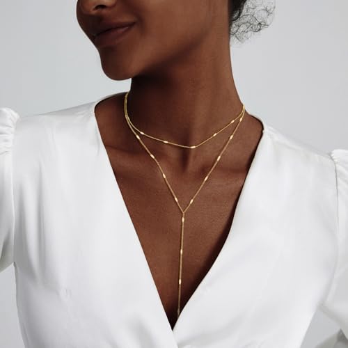 HERIER Lariat Gold Necklace for Women, Dainty Long Necklace 14k Gold Plated/Silver Y-Shaped Layered Beaded Chain Drop Necklaces for Women Trendy Simple Gold Jewelry for Women Gifts - color: Y Layered Bar-Gold