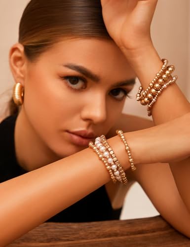 KISS WIFE Gold Beaded Bracelets for Women, Stackable Stretch Bracelet Set | 13 stretch bracelets combine polished gold-tone beads and faux pearls for stacked or individual everyday styling. - color: Gold