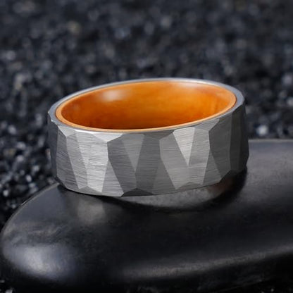 2/4/6/8mm Black/silver/gold Tungsten Rings for Men Womens Couple Fashion Jewelry Promise Engagement Wedding Band Hammered Inner ring inlaid with olive wood Carbide Polished Edge Comfort Fit - color: 8MM olive wood silver