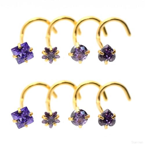 8 Pcs-Pack, Crystal Nose Studs, 20G Stainless Steel, 3mm Zircon, Multiple Shapes Zircon Labret Nose Piercing Ear Jewelry - color: Purple